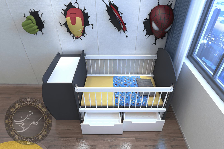 تخت کودک با کشوهای باز شده در زیر آن